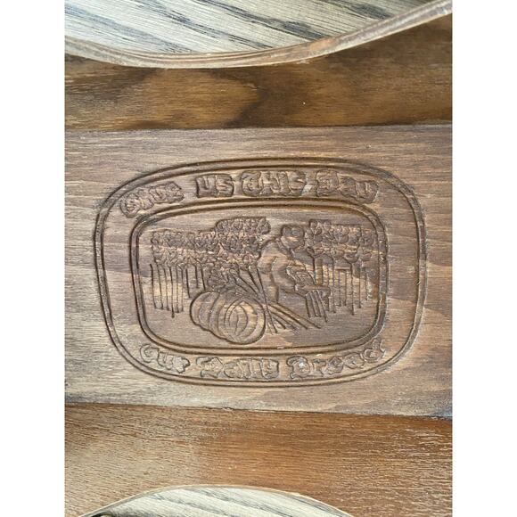 Vintage Wood Bread Basket With Handles Carved Give Us This Day Our Daily Bread - Picture 2 of 5